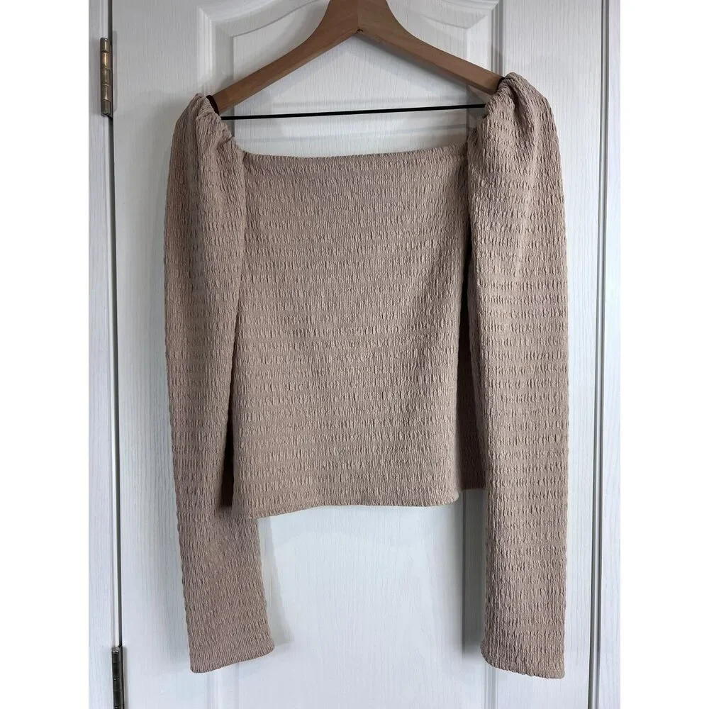 H&M Women's Tan Beige Long Sleeve Crinkle Off Shoulder Blouse Top Size M